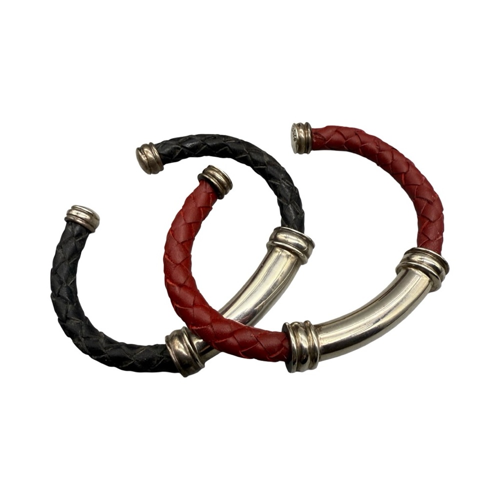 2 Sterling Silver Braided Leather Cuff Bracelets by Espo Red & Black